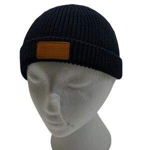 Amsterdam Heritage Mens Navy Blue Ribbed Cotton Beanie With Leather Patch